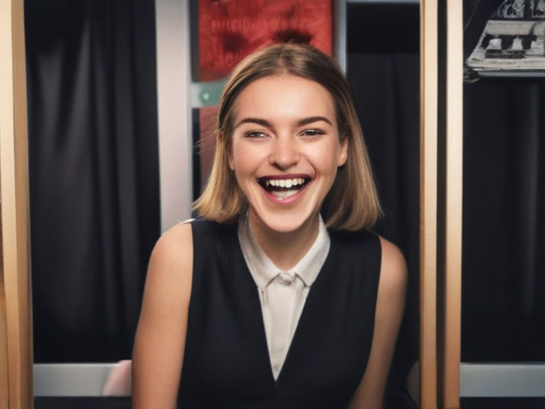 A woman reporter wearing a corporate attire smiling in front of a photobooth.
