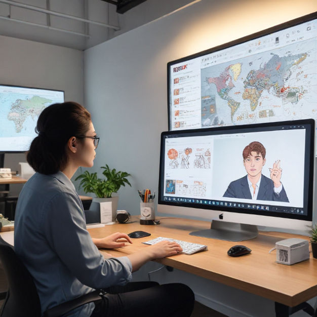 A global media executive analyzes Manatoki webtoon trends on a large screen in a modern office.
