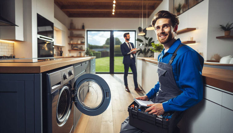 A smiling technician repairs a washing machine in a brightly lit Surrey home while a reporter observes.