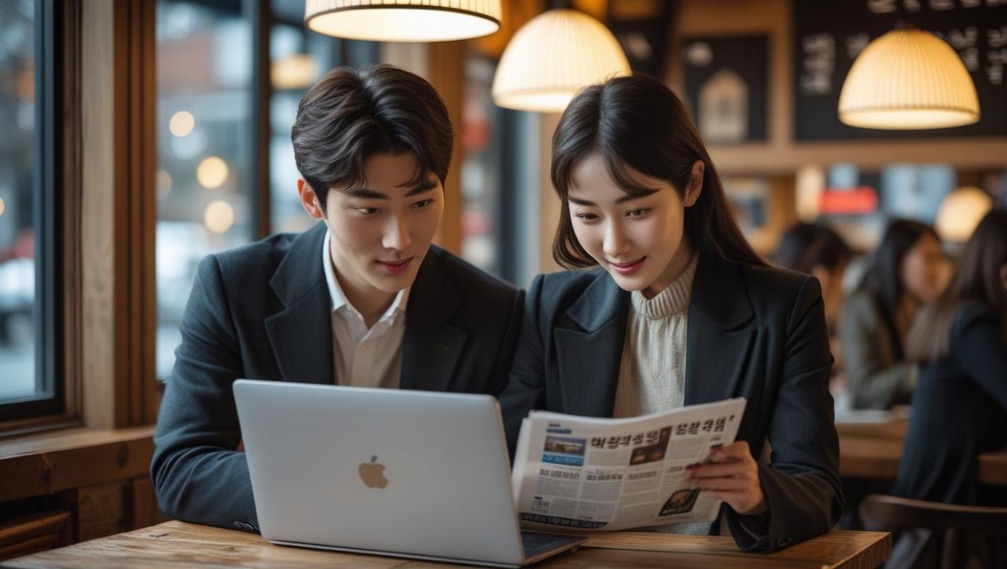Two Koreans browsing independent news sites together at a warm café table.