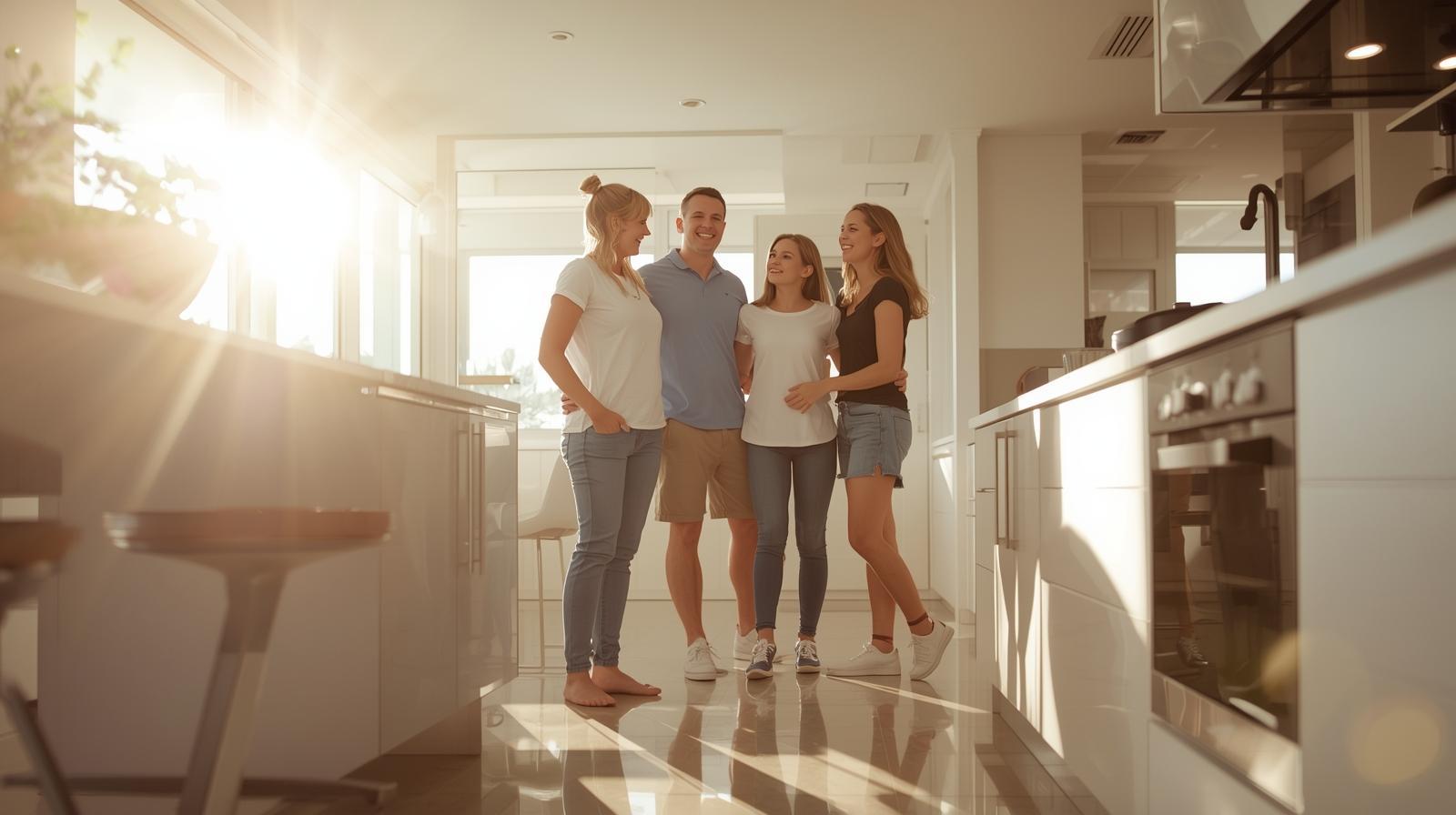 Happy Brisbane family smiling in a sunlit modern kitchen with sparkling tiles.