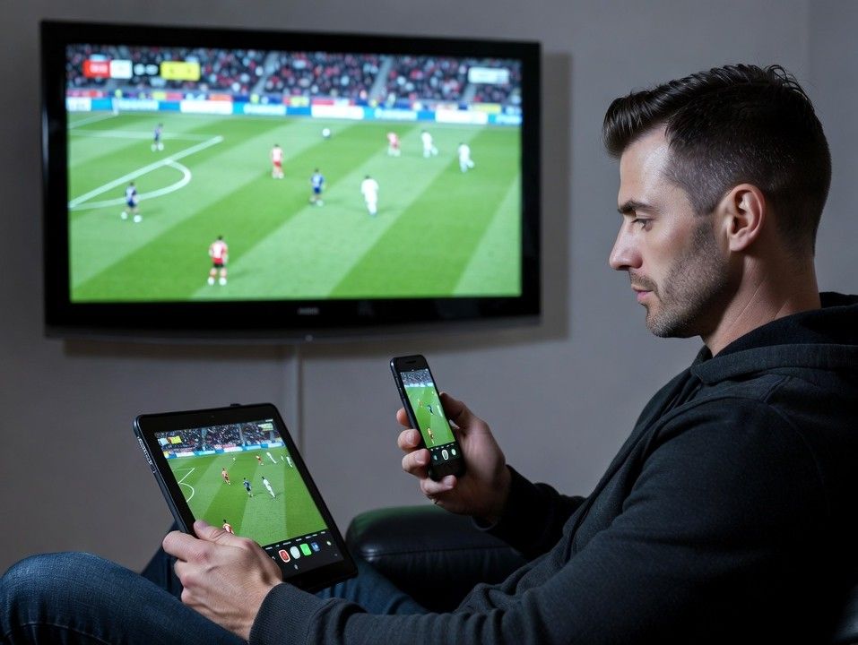sports fan watching live match on smartphone, tablet, and smart TV